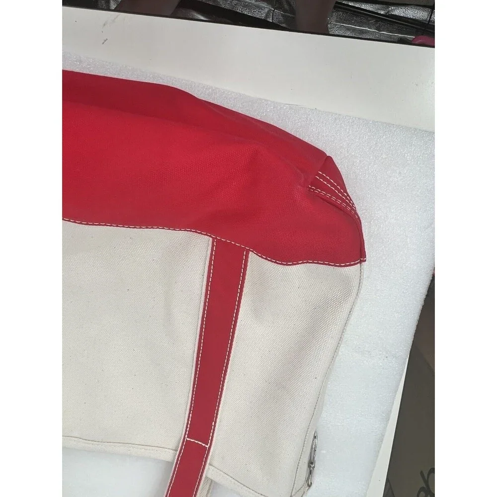 Lands End Open Top Med Natural Canvas Tote Red Trim EUC